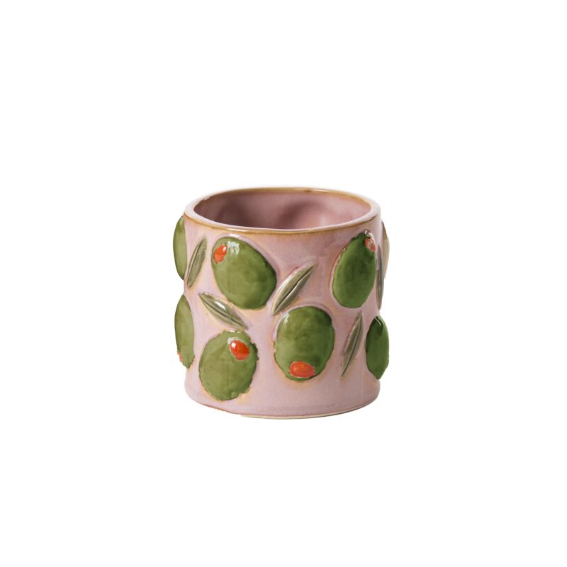 Small ceramic pot with raised green olives and leaves design, ideal for holding plants or decorative use