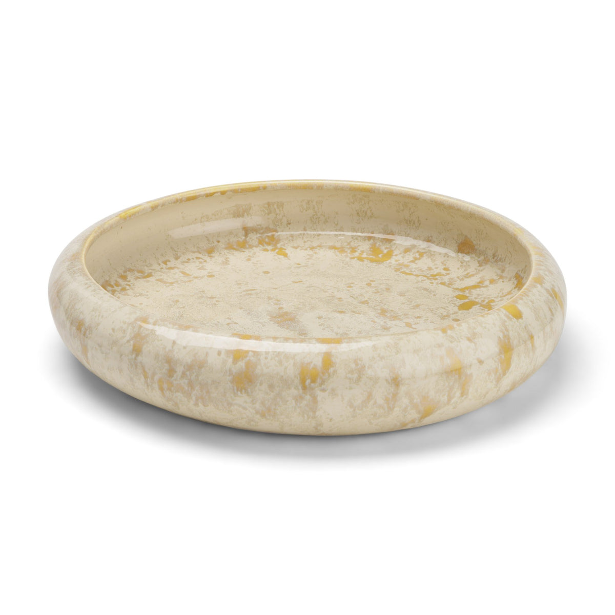 A round ceramic dish with a textured, speckled glaze in cream and light brown tones, shown on a clean white background.