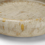 A close-up of a shallow round bowl or dish filled with a creamy off-white liquid or mixture, showing a marbled beige-and-cream surface with small yellowish inclusions.