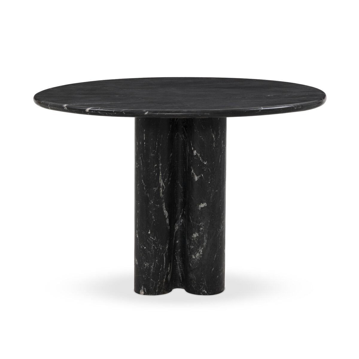 Round black marble bistro table with cylindrical pedestal base and smooth polished surface