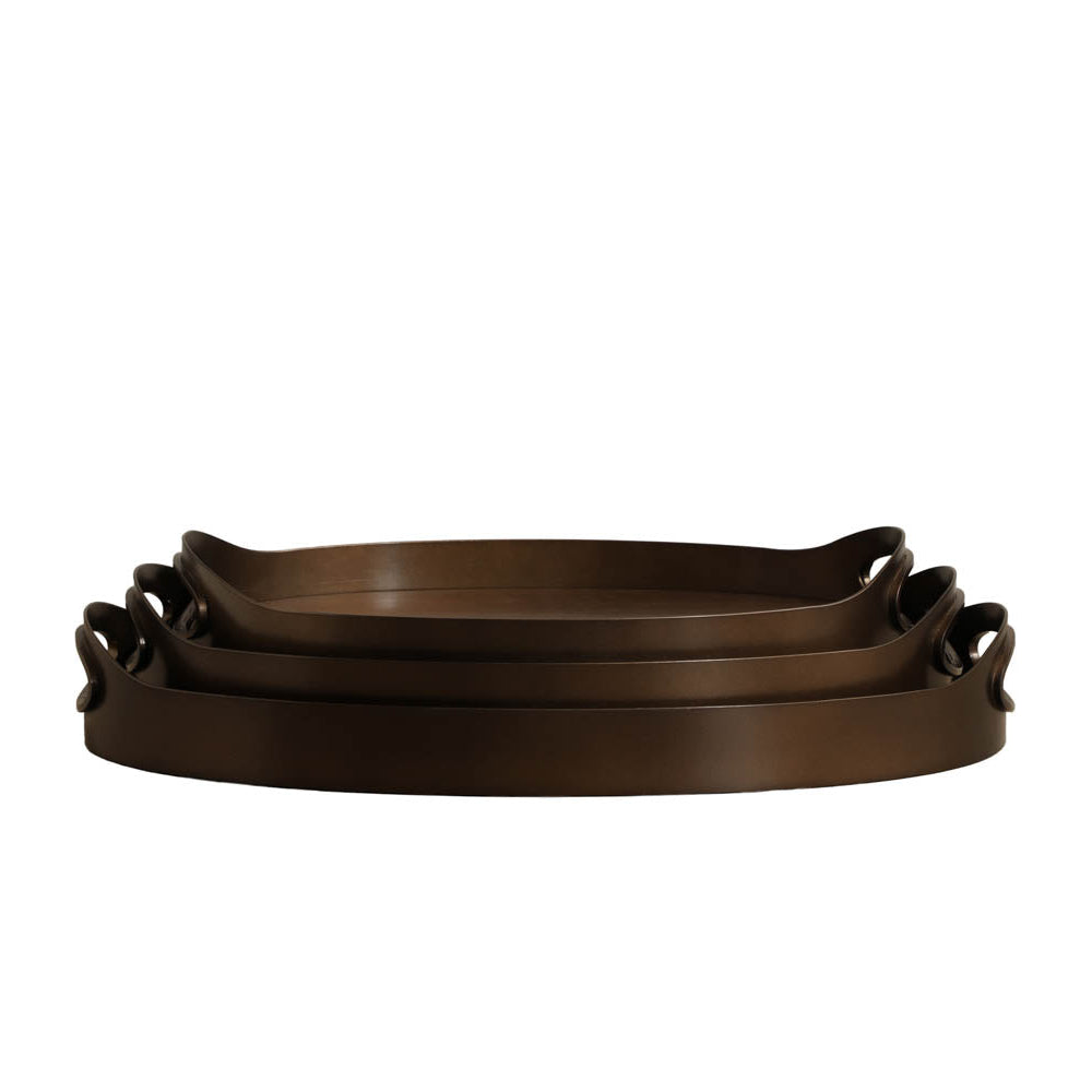 Three nested oval trays in a dark brown finish with integrated handles, shown against a plain white background.