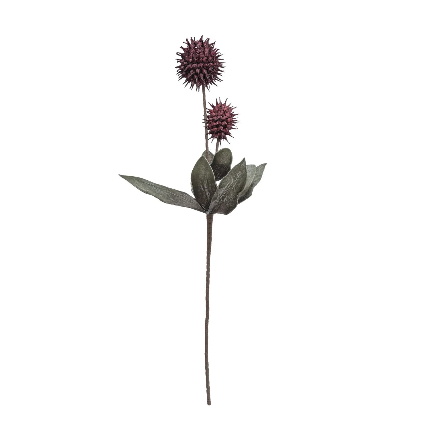 Artificial plant with purple flowers and green leaves on a white background