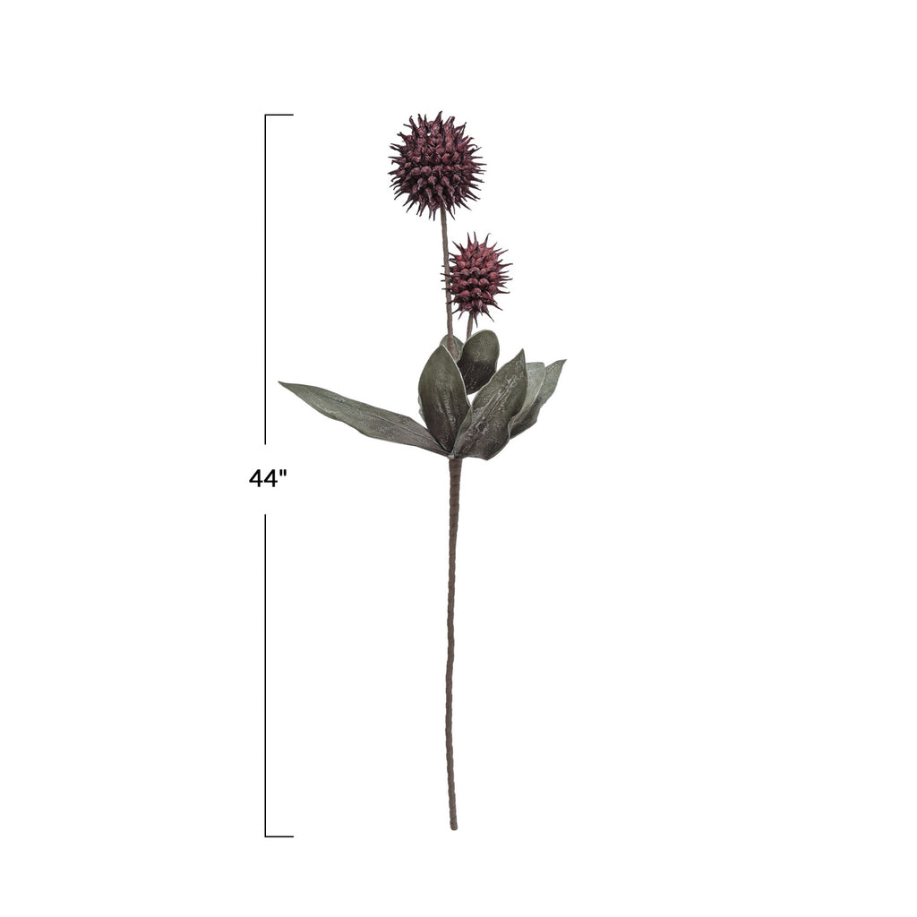 Artificial plant stem with purple flowers and green leaves, 44 inches tall, on a white background.