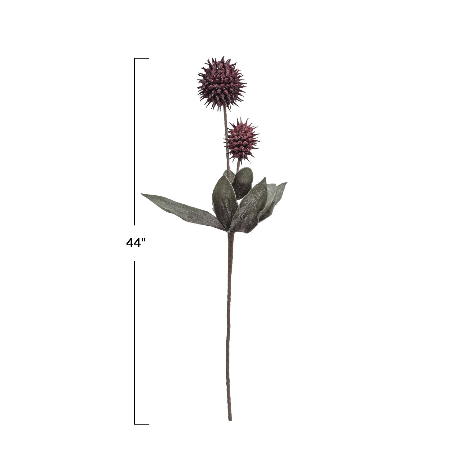 Artificial plant stem with purple flowers and green leaves, 44 inches tall, on a white background.