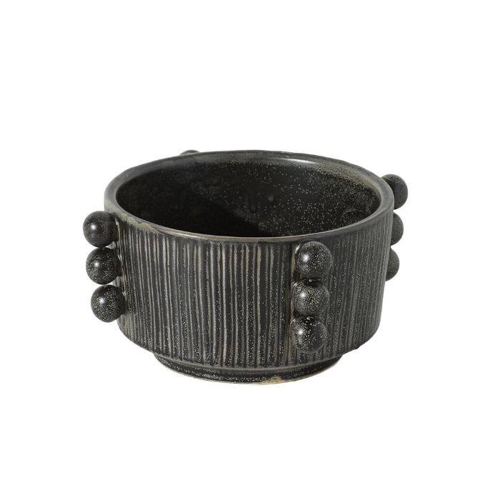 A dark gray ceramic planter pot with a ribbed exterior and decorative spherical bead accents on the sides, shown against a plain white background.