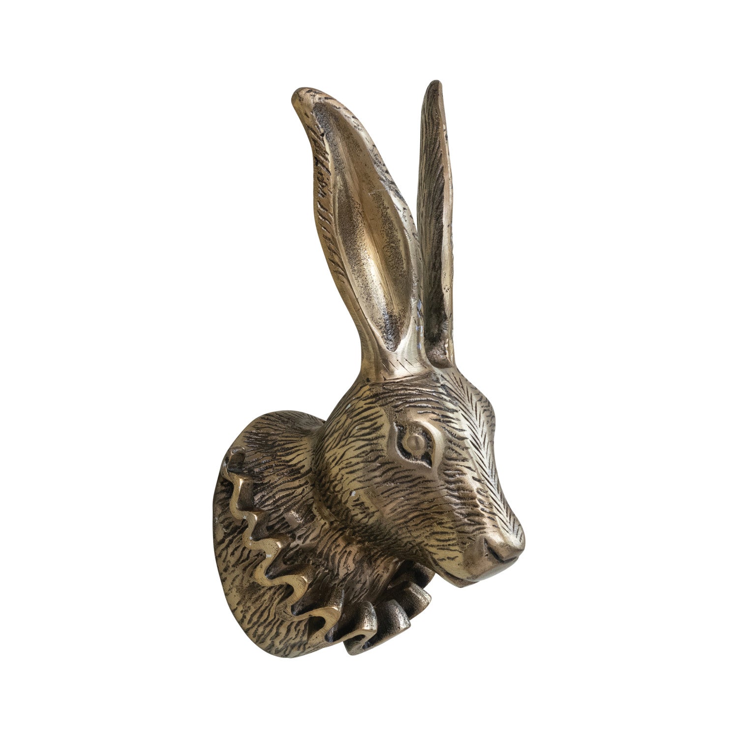Bronze hare head sculpture on a white background