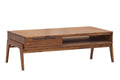 Rectangular midcentury modern wooden coffee table with storage drawer and open shelf in warm brown finish