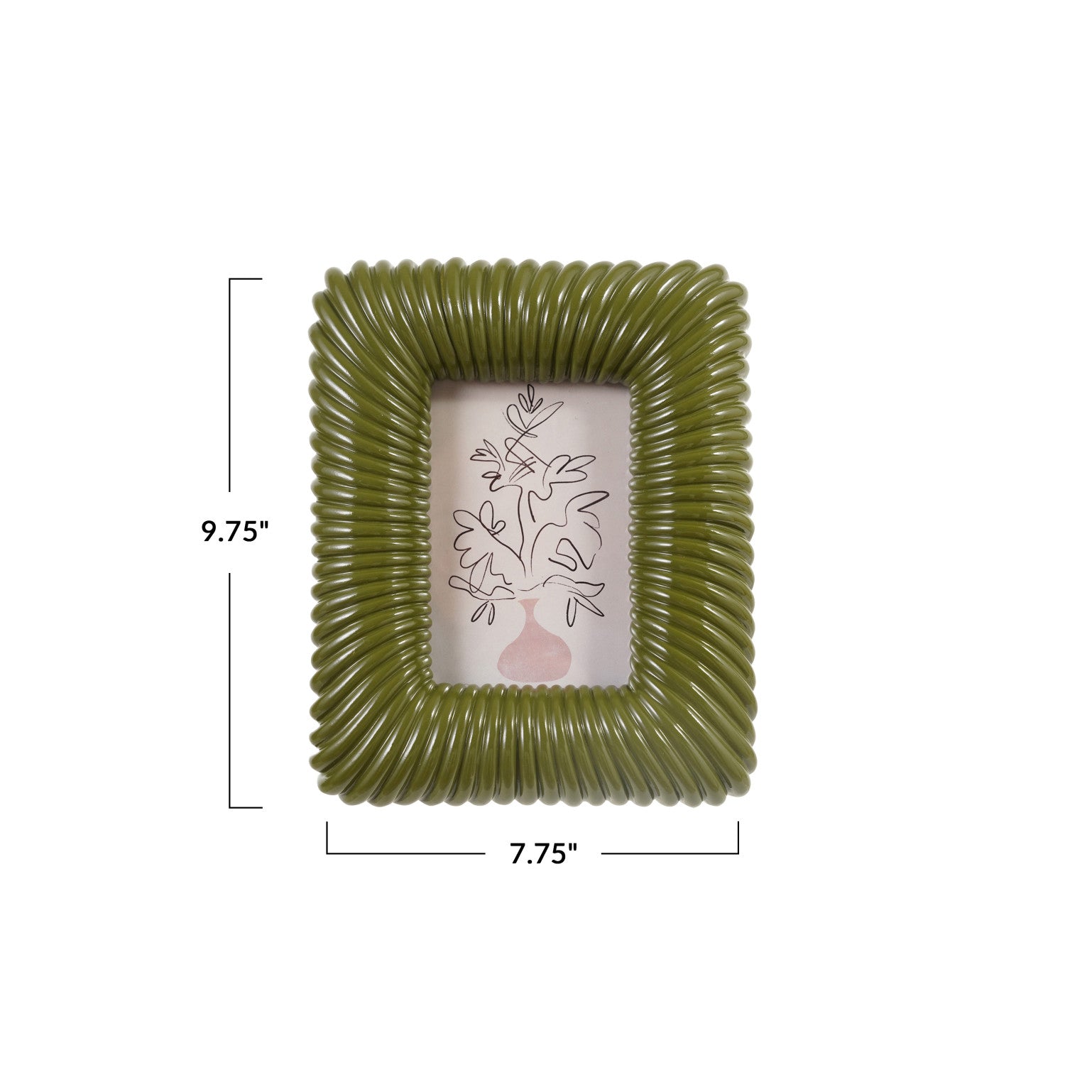 An olive green ribbed square picture frame with dimension markings showing 9.75 inches tall by 7.