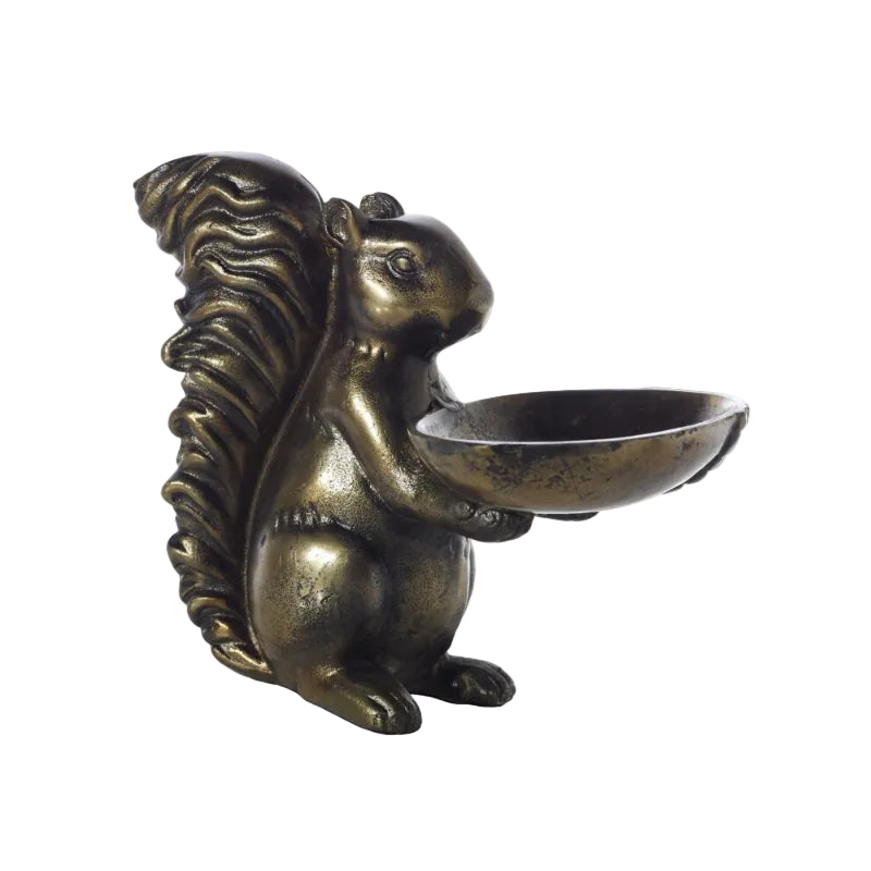 Decorative bronze-toned squirrel figurine holding a small round dish, ideal for home decor or gifts.