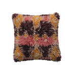 Square wool shag pillow with a multicolor pattern featuring pink, yellow, and dark brown tones for home decor.