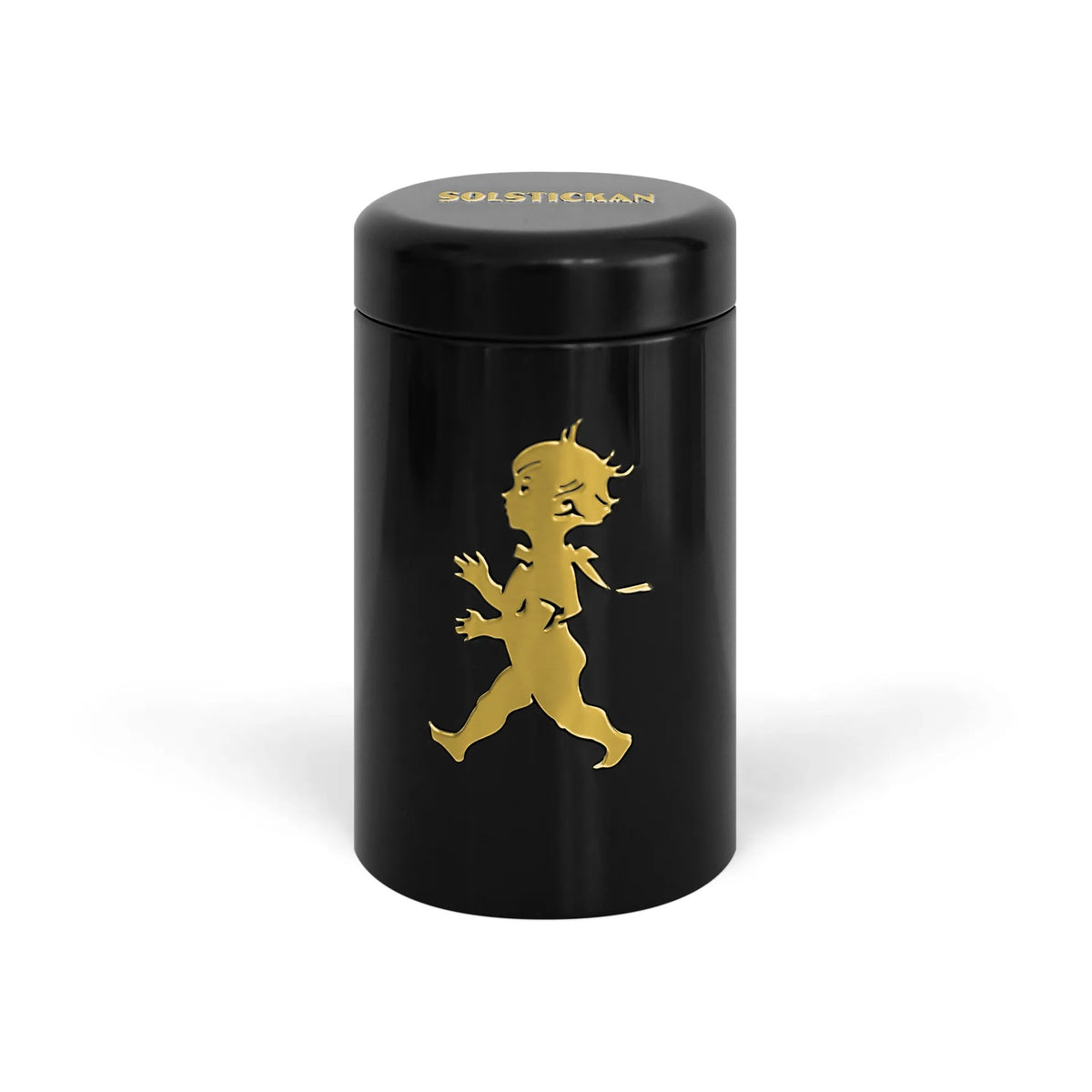 A black cylindrical metal tin with a lid, featuring a gold silhouette of a running figure on the front and the brand name 'SUPERMAN' in gold on the lid, set against a plain white background.