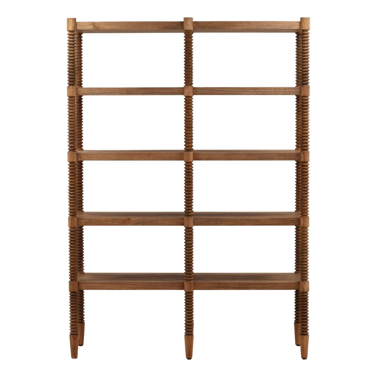 Wooden bookshelf with spindles on a white background
