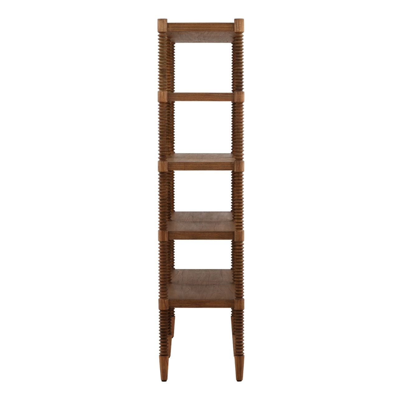 Wooden bookshelf with spiral legs on a white background