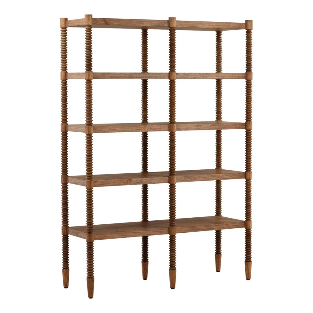 Wooden bookshelf with spindled design on a white background