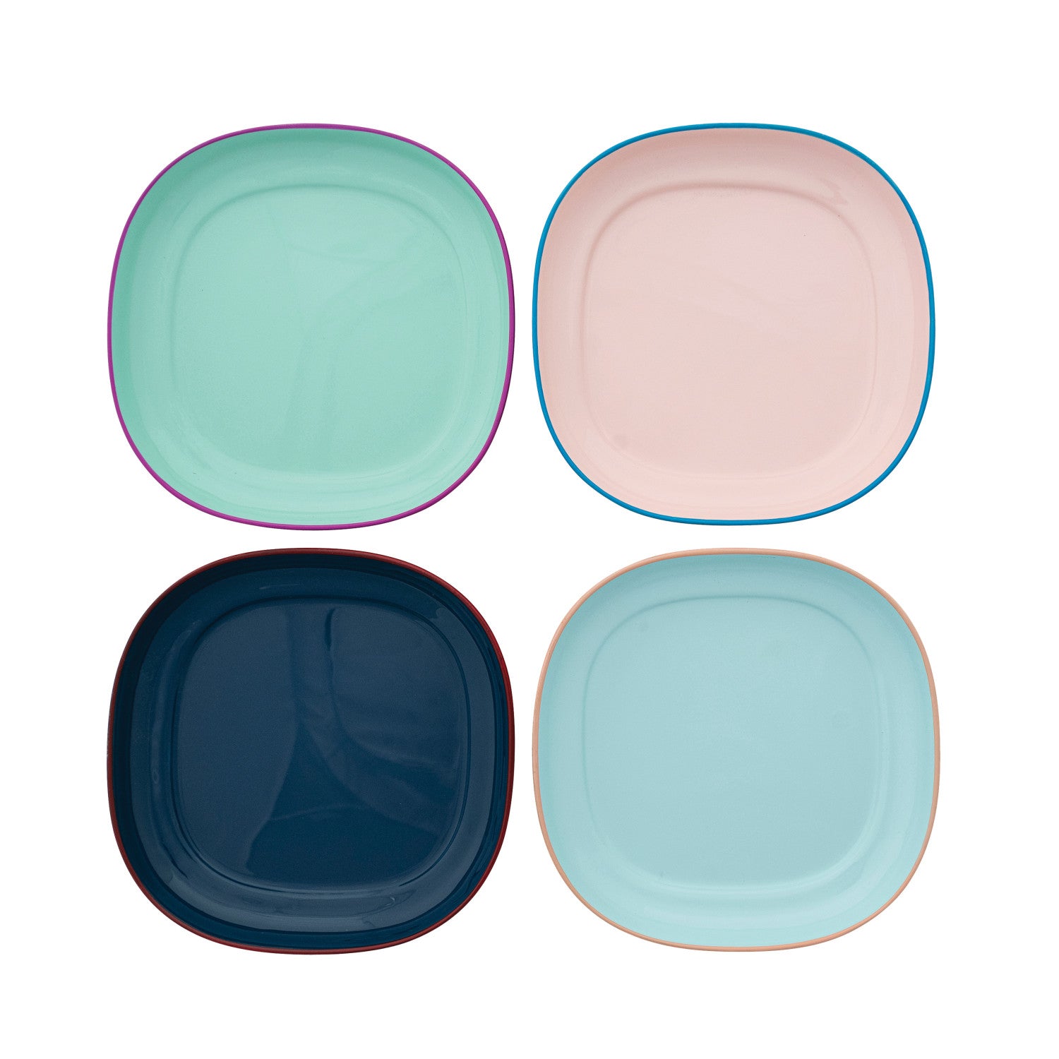 Four colorful square plates on a white background