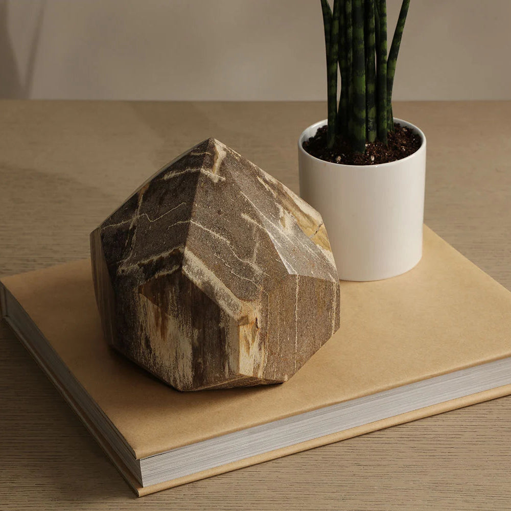 A faceted geometric stone sculpture with natural brown, beige, and gray marbling, displayed on a tan book next to a white planter with a green snake plant.