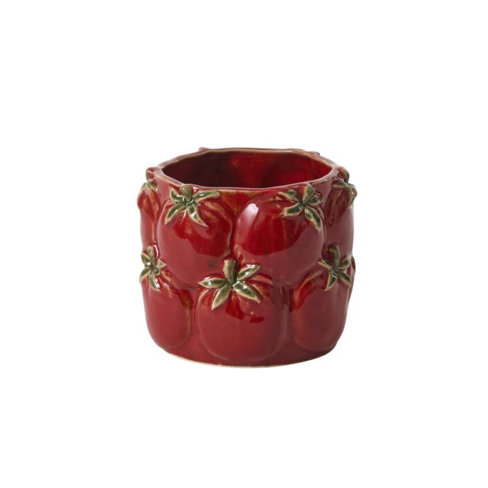 Glossy red ceramic pot decorated with raised tomato designs and green stems, suitable for home decor or planters.