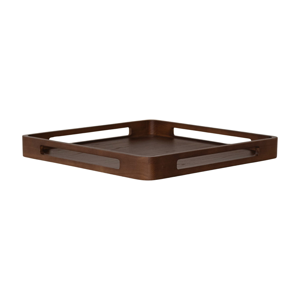 Wooden tray with a dark brown finish on a white background