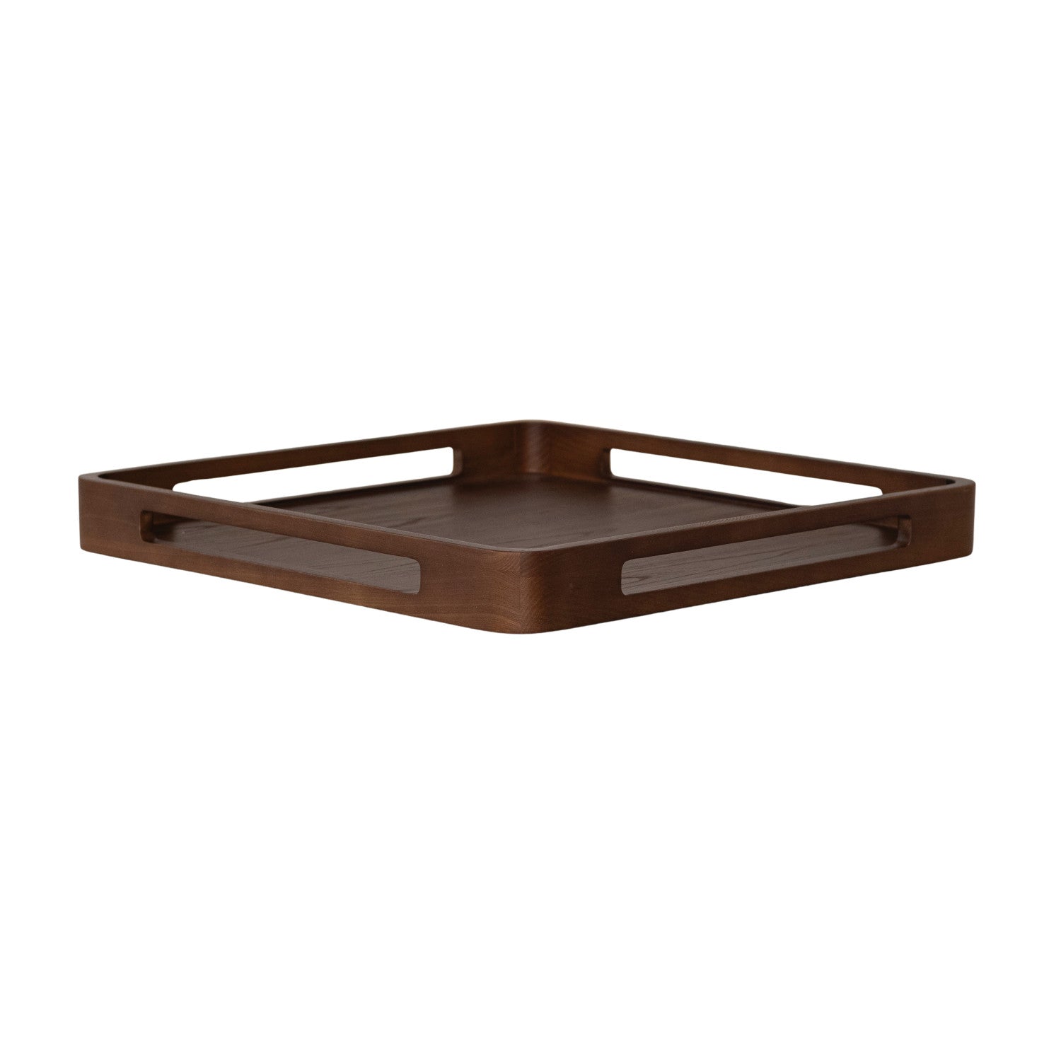 Wooden tray with a dark brown finish on a white background