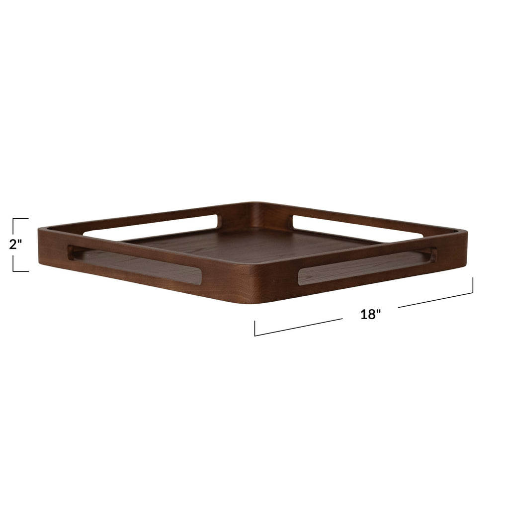 A square dark brown wooden serving tray with cutout handles, shown on a white background with dimension lines indicating 18 inches by 2 inches.