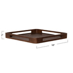 A square dark brown wooden serving tray with cutout handles, shown on a white background with dimension lines indicating 18 inches by 2 inches.