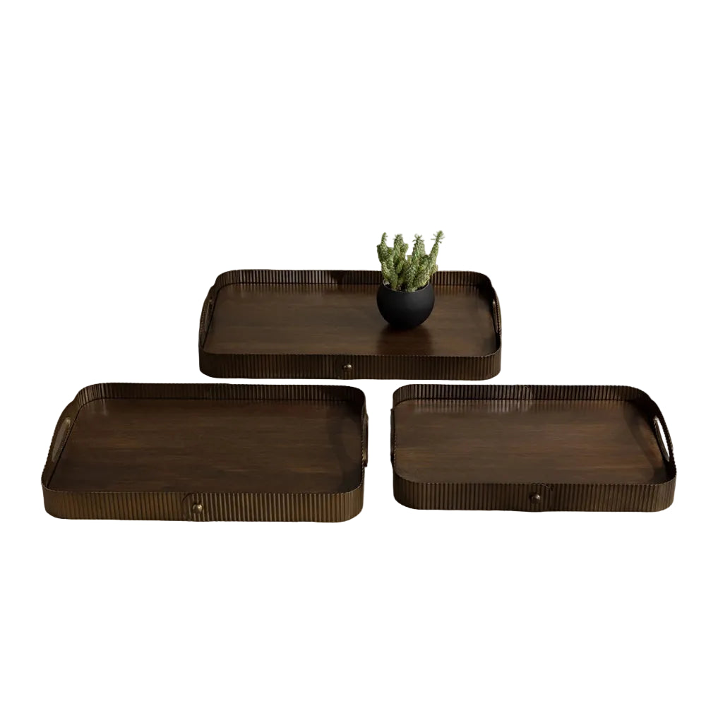 Three dark wooden trays on a beige surface with a small potted plant.