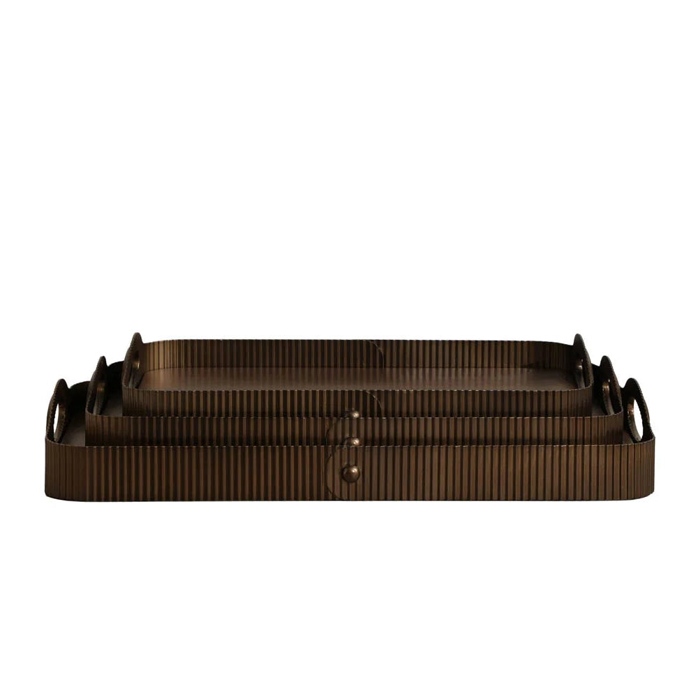 Three nested rectangular metal trays with rolled handles in a dark bronze finish, shown against a plain white background.