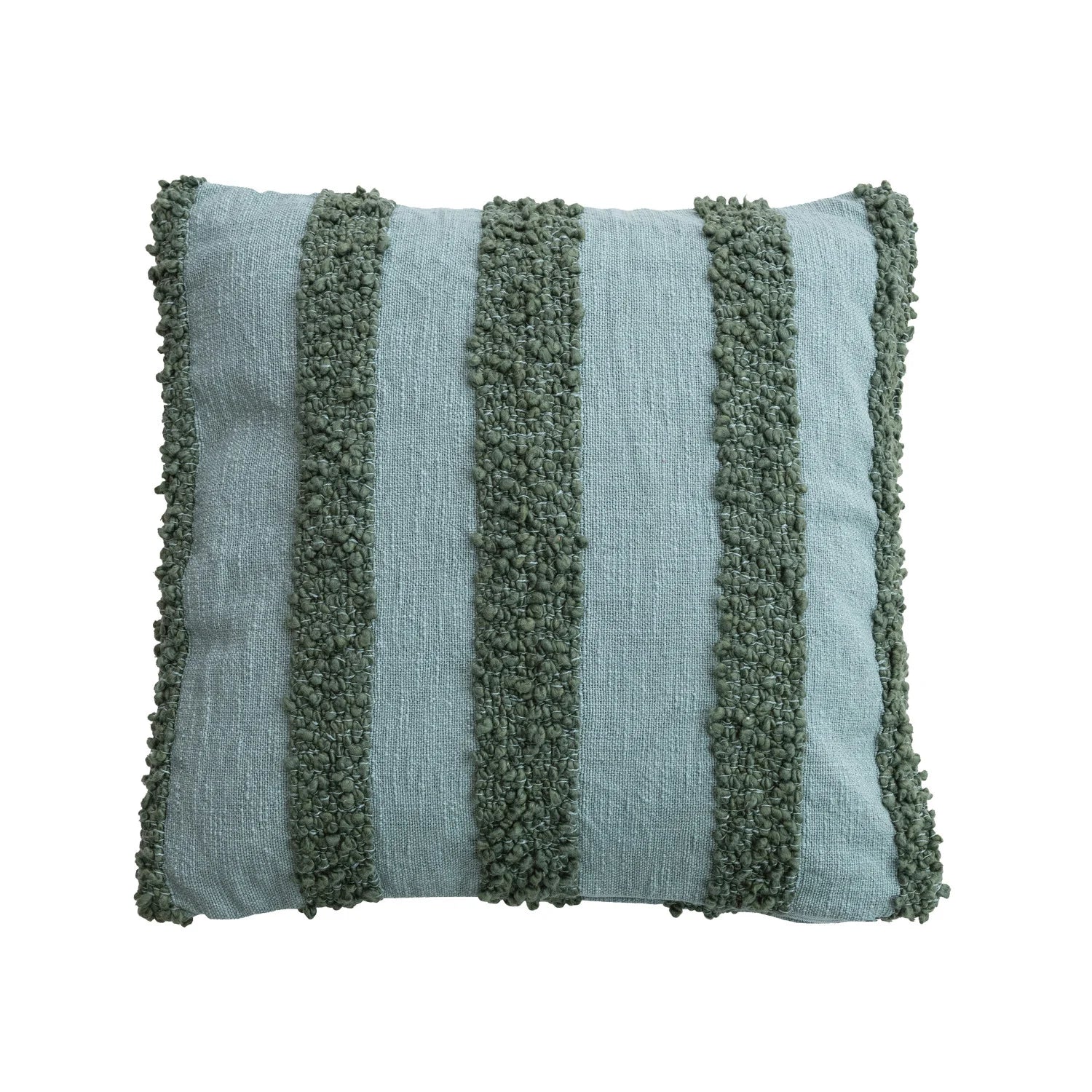 blue pillow with textured green stripes on a white background